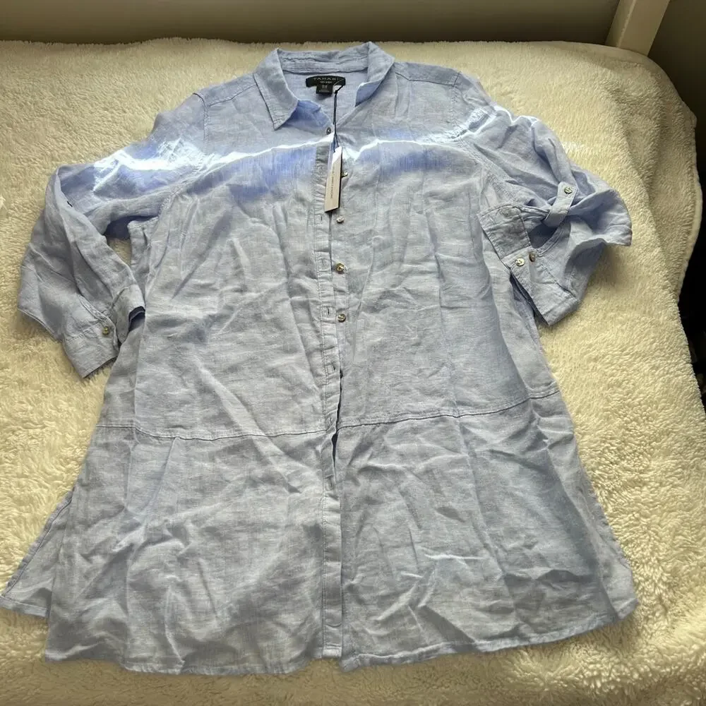 TAHARI Womens Linen Tunic Top Lagenlook Boxy Blue 1X Boho Costal Resort Summer - Picture 2 of 6